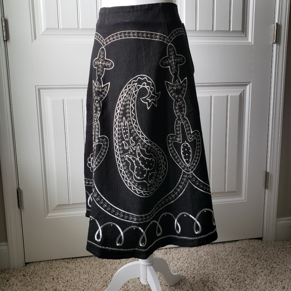 NEW w/tags Diane Gilman black denim stretch skirt + silver embroidery - Size 12